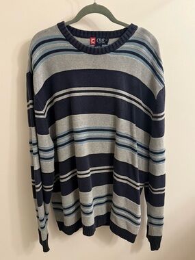 Chaps Men’s Navy, Light Gray & Light Blue Striped Crewneck Sweater